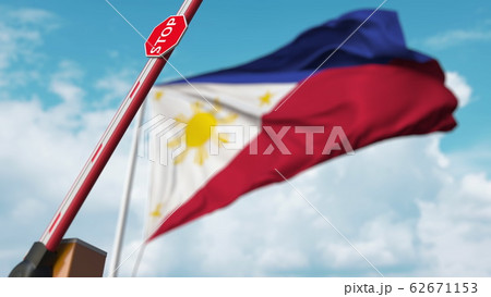 Barrier gate being opened with flag of Philippines as a background. Philippines Free entry or lifting a ban. 3D rendering 62671153