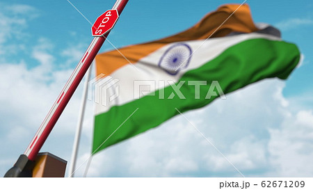 Barrier gate being opened with flag of India as a background. Indian Free entry or lifting a ban. 3D rendering 62671209