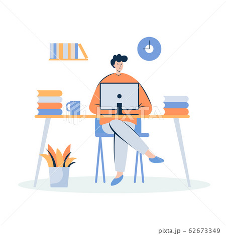 a man sits at the computer on a white background vector illustration 62673349