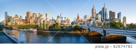 Panorama view of beautiful Melbourne cityscape skyline at sunrise in Australia . Panorama view of beautiful Melbourne cityscape skyline at sunrise in Australia . 62674782