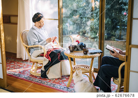 犬とくつろぐシニア夫婦 62676678