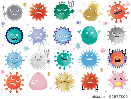 ウィルス ばい菌 菌 細菌 感染 感染症 セット 水彩 風邪 病気 隔離 菌 除菌 ウイルス感染のイラスト素材