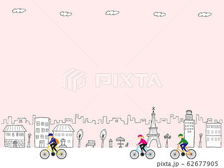サイクリング 手描き街背景のイラスト素材