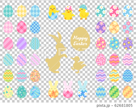 たくさんのイースターエッグとうさぎとヒヨコのイラストセット 62681805