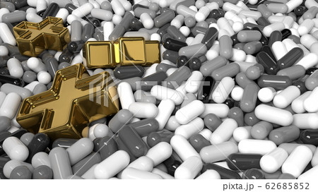 Heap of medicine tablets. Background made from pills or capsules in black and white colors with medical sign in shape of cross made by gold Heap of medicine tablets. Background made from pills or capsules in black and white colors with medical sign in shape of cross made by gold 62685852