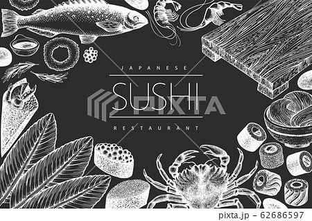 Japanese cuisine design template. Sushi hand drawn Japanese cuisine design template. Sushi hand drawn 62686597