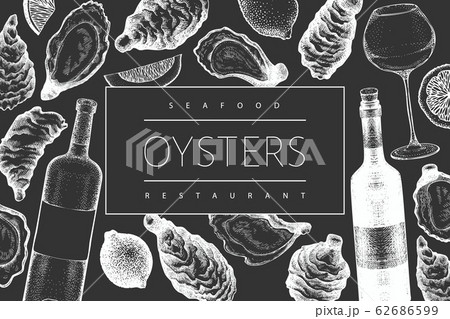 Oysters and wine design template. Hand drawn Oysters and wine design template. Hand drawn 62686599