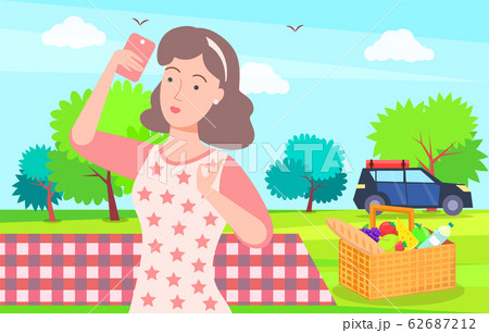 Woman on Vacation, Picnic on Nature Taking Selfie Woman on Vacation, Picnic on Nature Taking Selfie 62687212