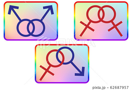 ピクトグラム ゲイカップル レズビアンカップル 男性と女性のカップルのマーク 虹色の線と背景付きのイラスト素材