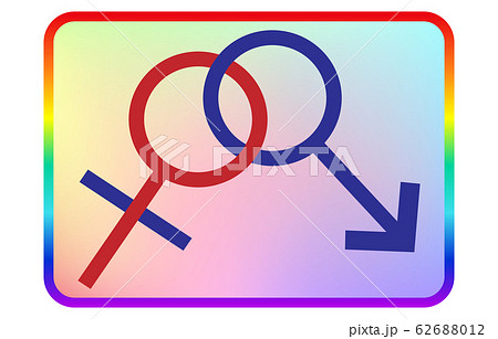 ピクトグラム：男性と元男性のカップル、虹色の線と背景付き 62688012