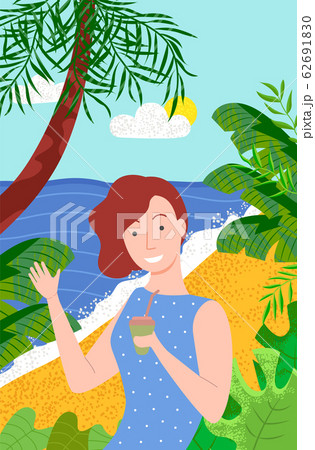Girl with Drink on Seaside Vacation Posing Vector 62691830