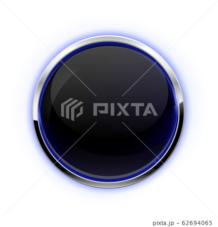 Black button with chrome frame. Glass button with blue glow Black button with chrome frame. Glass button with blue glow 62694065