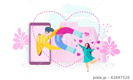Man attracts a girl from a phone screen with a magnet. Man attracts a girl from a phone screen with a magnet. 62697320