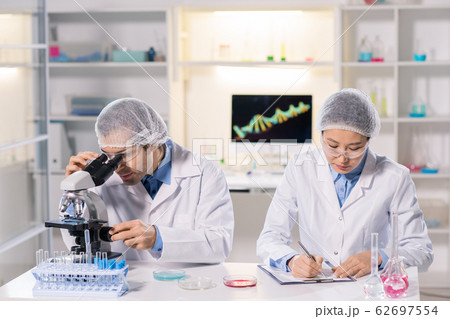 Laboratory researchers working with samples 62697554