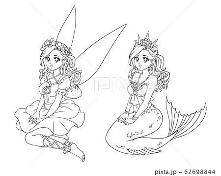 Pretty Anime Fairy And Mermaid With Curly Hair のイラスト素材