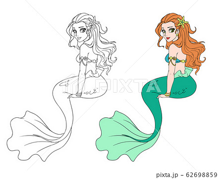 Illustration Of A Sitting Mermaid Girl Hand Drawnのイラスト素材
