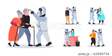 set specialist in hazmat suit checking temperature of people spreading coronavirus infection epidemic MERS-CoV virus wuhan 2019-nCoV pandemic health risk concept full length set specialist in hazmat suit checking temperature of people spreading coronavirus infection epidemic MERS-CoV virus wuhan 2019-nCoV pandemic health risk concept full length 62699758