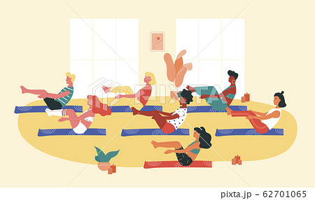 Group of people of different race doing navasana or boat yoga pose during yoga session. Yoga, stretching, pilates instructor. Physical activity as a way to relieve stress. Physical and mental health. 62701065