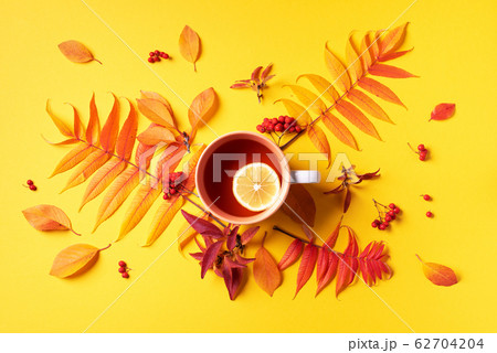 Autumn flat lay composition. Cup of tea, autumn bright leaves on yellow background. Top view. Flat lay. Autumn season concept Autumn flat lay composition. Cup of tea, autumn bright leaves on yellow background. Top view. Flat lay. Autumn season concept 62704204