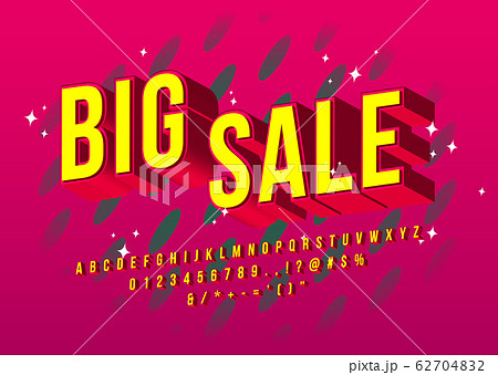 Big Sale Alphabet. Yellow Elegant Font design. Vector set of 3D Alphabet Letters, Numbers and Symbols. 62704832