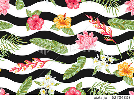 Seamless pattern with tropical flowers and leaves. 62704833