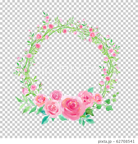 小さい蔓薔薇と大きいバラの丸い装飾フレーム 水彩イラストのイラスト素材