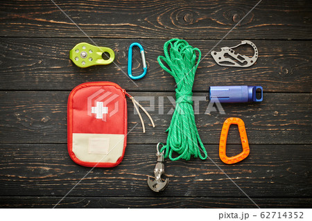 Travel items for hiking over wooden background 62714352