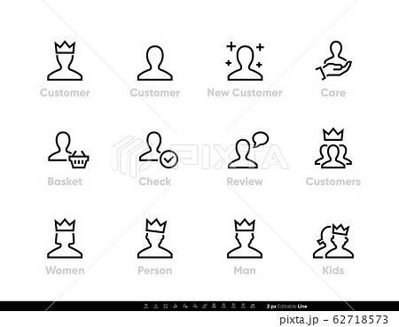Customer icons, New Buyer with Crown vector pictogram. User and Account. Editable line set on white background. Customer icons, New Buyer with Crown vector pictogram. User and Account. Editable line set on white background. 62718573