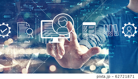 Document management system concept with a man on city background 62721871