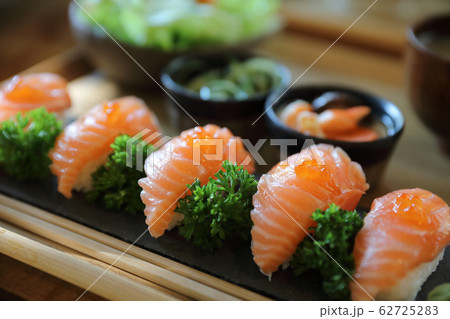 Salmon Sushi with soup salad Japanese local food 62725283