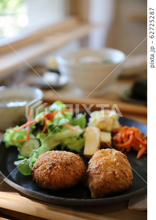 Beef Croquette with rice and salad japanese style Korokke on wooden 62725287