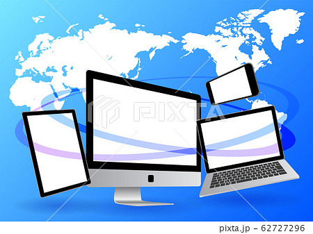 世界とつながるノートパソコンとスマホとタブレット 青色背景のイラスト素材