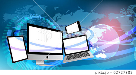 世界とつながるノートパソコンとスマホとタブレット 青色背景のイラスト素材