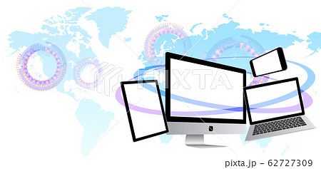 世界とつながるノートパソコンとスマホとタブレット 白背景のイラスト素材