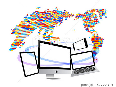 世界とつながるノートパソコンとスマホとタブレット 白色背景のイラスト素材