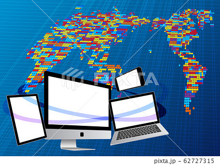 世界とつながるノートパソコンとスマホとタブレット 青色背景のイラスト素材