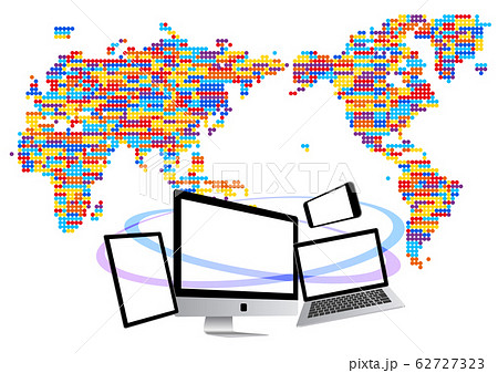 世界とつながるノートパソコンとスマホとタブレット 丸いカラフルドット世界地図のイラスト素材