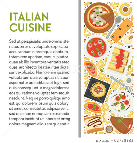 Italian cuisine banner template with dishes top view and text Italian cuisine banner template with dishes top view and text 62728332