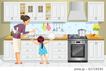 Mother and daughter washing the dishes. Girl Help Her Mum In Washing Dishes At Family Kitchen. Mother's day. Best mom. Concept motherhood child-rearing. Vector cartoon style illustration 62728585