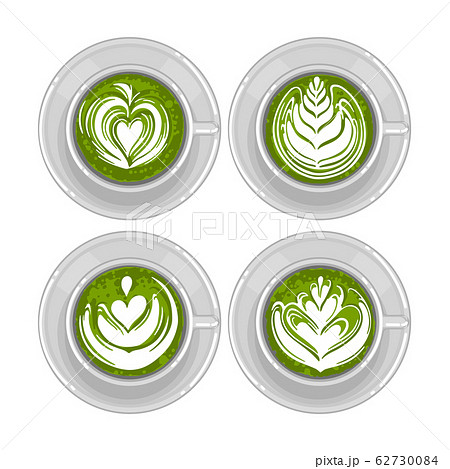 Round cups of matcha coffee or tea with milk botanical art. 62730084
