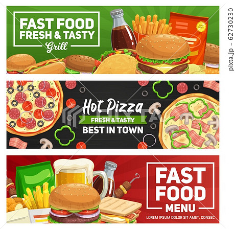 Fast food pizza, burger, fries and sandwich Fast food pizza, burger, fries and sandwich 62730230