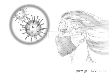 Woman face mask. Infection pneumonia prevention healthcare. 3D low poly female human white banner. Wear surgical medical mask against virus epidemic vector illustration 62732029