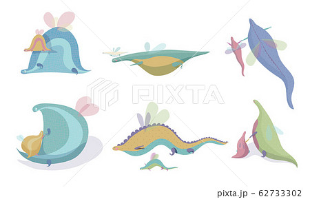 Fairy Dragons with Small Wings Playing with Their Cubs Vector Set 62733302