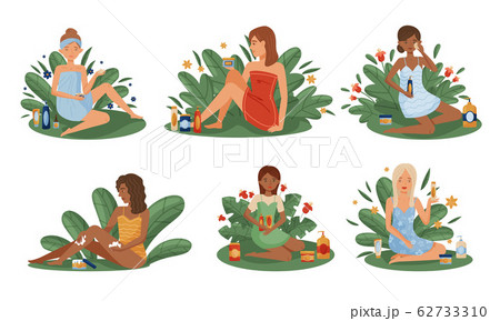 Women Using and Testing Natural Organic Cosmetic Products with Botanical Leaves Behind Vector Illustrations Set 62733310