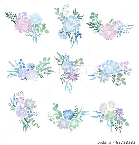 Tender Floral Composition with Blue Flowers and Twigs Vector Set Tender Floral Composition with Blue Flowers and Twigs Vector Set 62733333
