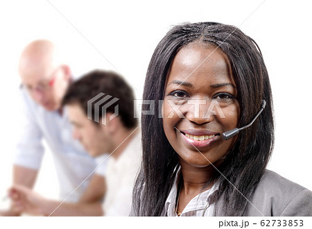 Portrait of smiling cheerful african support phone 62733853