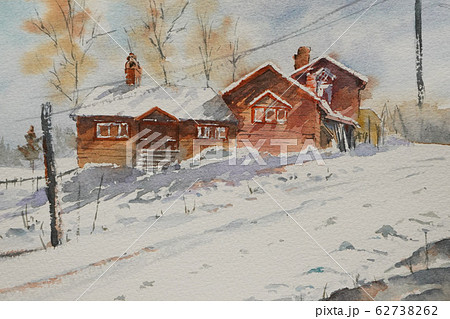 ヨーロッパの小さな村 雪景色 水彩画 風景画のイラスト素材