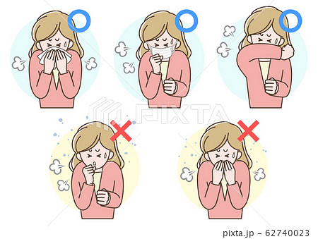 咳をする女性、咳エチケット_セット 62740023