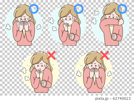 咳をする女性、咳エチケット_セット 62740023