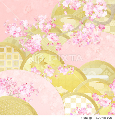 背景 和 和紙 和風 和柄 春 桜 枝 金箔 扇のイラスト素材